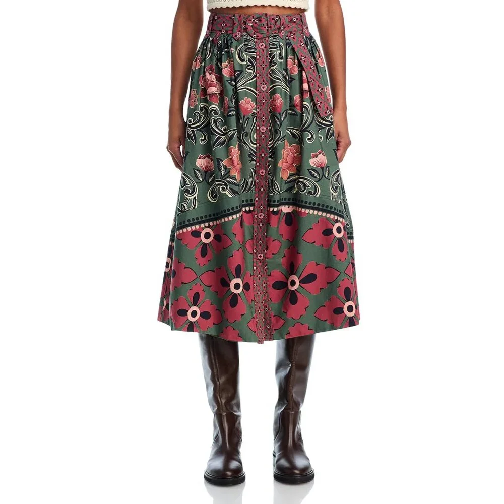 FARM Rio Arabesque Floral Green Buttons Midi Skirt, NWT π§π· - Picture 2 of 16